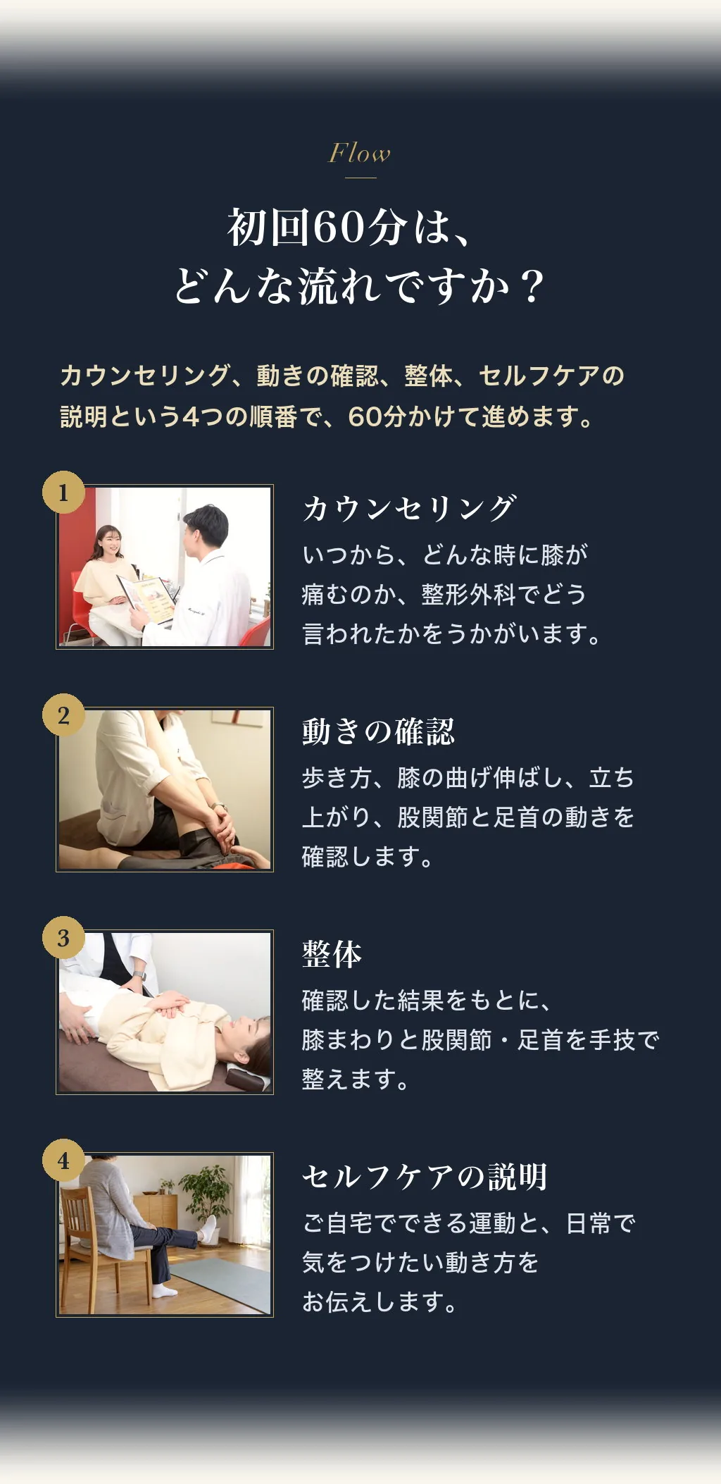 初回60分は、どんな流れですか？カウンセリング、動きの確認、整体、セルフケアの説明という4つの順番で、60分かけて進めます。